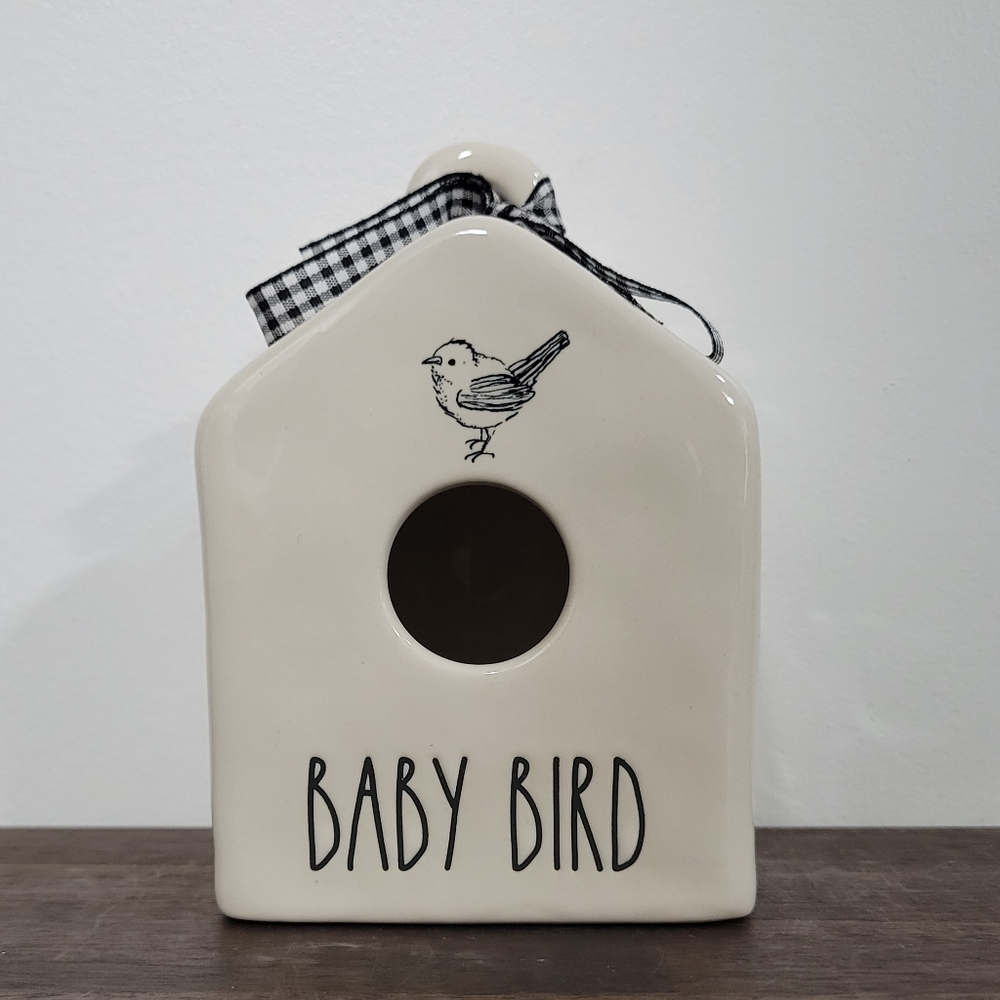 Rae Dunn Small 'Baby Bird' Birdhouse with Black Check Ribbon